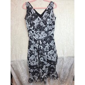 Zoey Beth Womens Black White Floral V-Neck Ruffle Hem Midi Dress Large 0165752